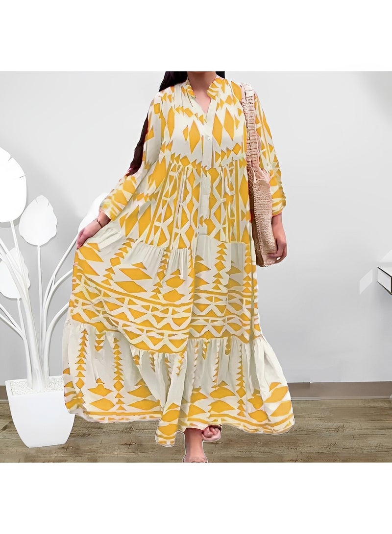 REOCLE Women's Maxi Dress Flowy Bohemian Dresses Long Sleeve Cotton V-Neck Button Up Floral Print Long Dresses  - Image 2