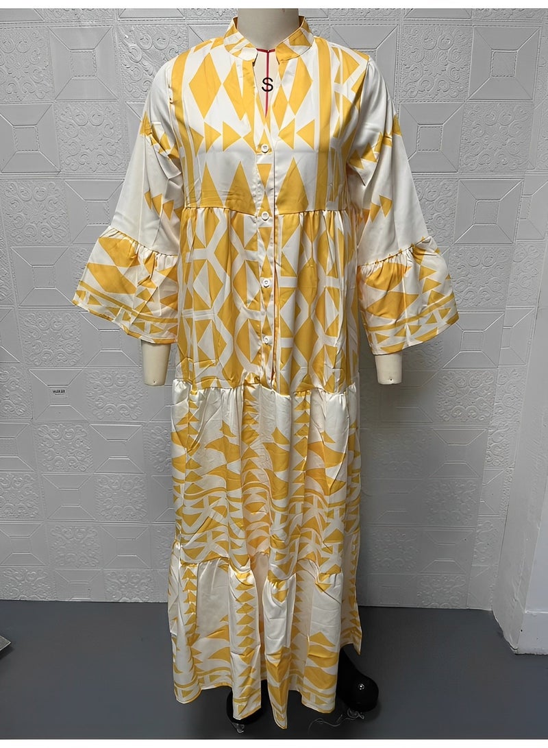 REOCLE Women's Maxi Dress Flowy Bohemian Dresses Long Sleeve Cotton V-Neck Button Up Floral Print Long Dresses  - Image 3