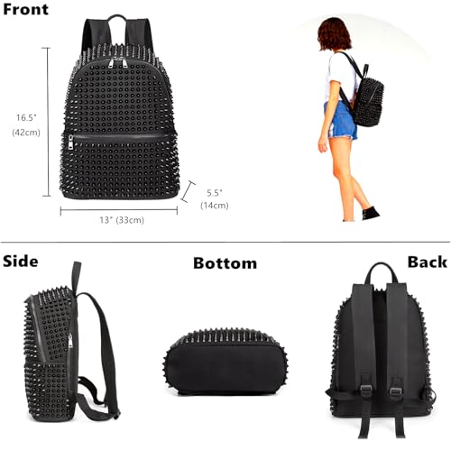 CmengAo Black Studded Backpack for Women, Large Punk Casual Traveling Daypack Rivet Backpack - Image 3