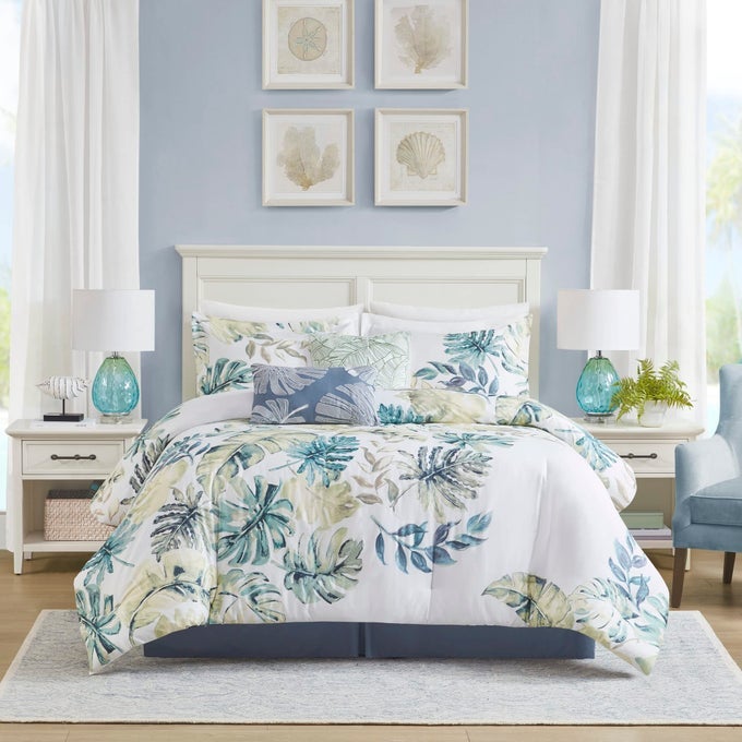 COZY COTTON COMFORTER SET COASTAL ALL SEASON DOWN ALTERNATIVE CASUAL BEDDING WITH MATCHING SHAMS DECORATIVE PILLOWS LORELAI MONSTERA LEAF GREEN CAL KING110X96 6 PIECE