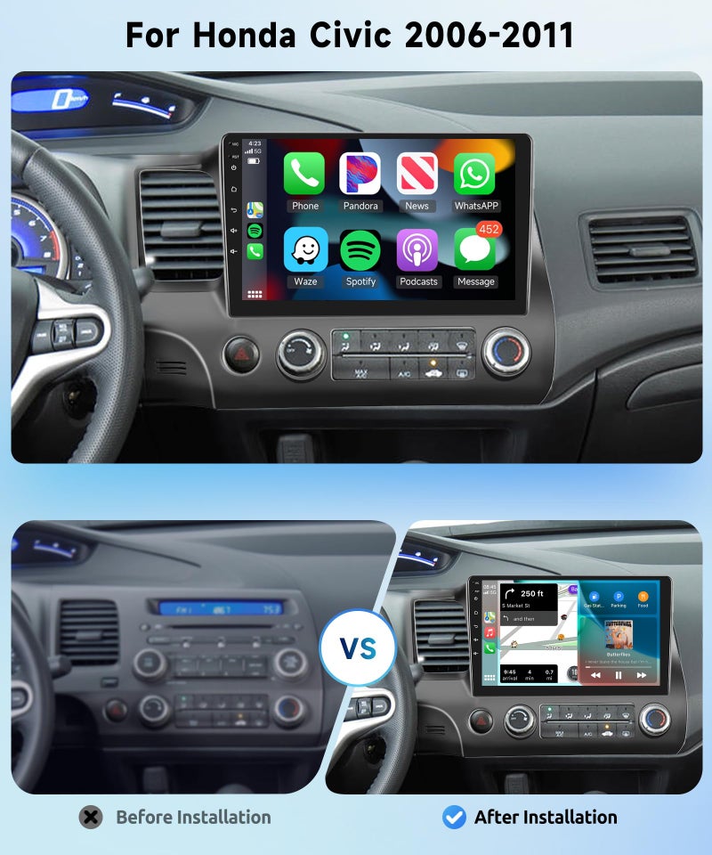Podofo لـ هوندا سيفيك 2006-2011 نظام ستيريو سيارة لاسلكي يدعم كار بلاي أندرويد أوتو مع نظام تحديد المواقع GPS وكاميرا خلفية AHD وجهاز استقبال راديو FM RDS و EQ SWC 2G+64G - Image 2