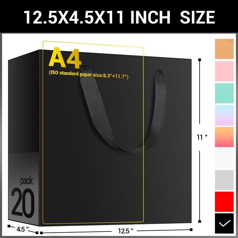 EUSOAR Large Black Gift Wrap Bags, 20pcs 12.5"x4.5"x11" Kraft Paper Black Shopping Bags with Handles Bulk,Retail Wrapping Bags for Business, Craft Grocery, Boutique, Party Favor, Wedding - Image 2