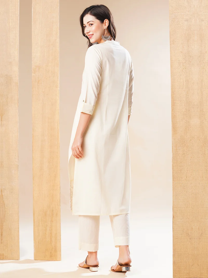 globus Women Off White Floral Yoke Design Thread Work Pure Cotton A-Line Kurta With Trousers