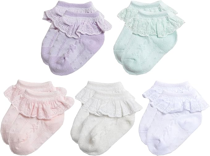 EPEIUS 5 Pack Infants Baby-Girls Eyelet Frilly Lace Socks Princess Ankle Socks for 6-12 Months,Bow Pattern,White/Ivory/Pink/Purple/Green,Shoe Size 2-5.5 - Image 3