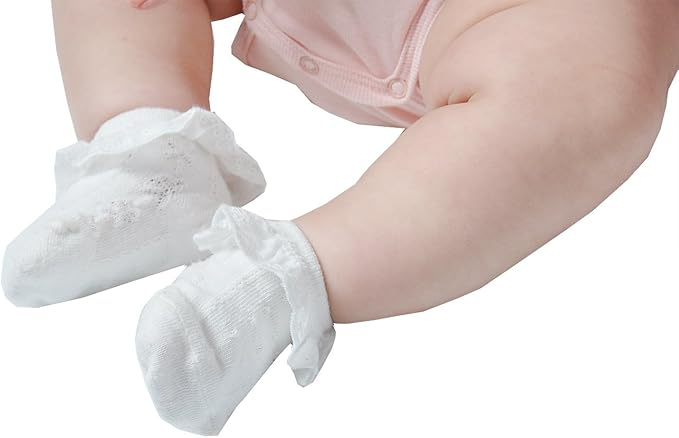 EPEIUS 5 Pack Infants Baby-Girls Eyelet Frilly Lace Socks Princess Ankle Socks for 6-12 Months,Bow Pattern,White/Ivory/Pink/Purple/Green,Shoe Size 2-5.5 - Image 2