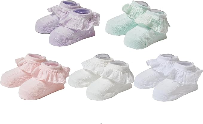 EPEIUS 5 Pack Infants Baby-Girls Eyelet Frilly Lace Socks Princess Ankle Socks for 6-12 Months,Bow Pattern,White/Ivory/Pink/Purple/Green,Shoe Size 2-5.5 - Image 5