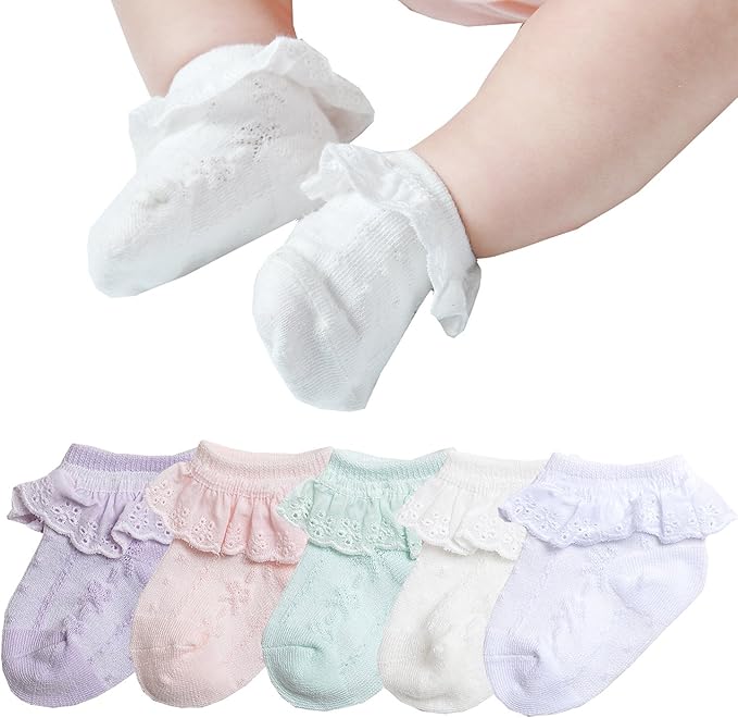 EPEIUS 5 Pack Infants Baby-Girls Eyelet Frilly Lace Socks Princess Ankle Socks for 6-12 Months,Bow Pattern,White/Ivory/Pink/Purple/Green,Shoe Size 2-5.5 - Image 1