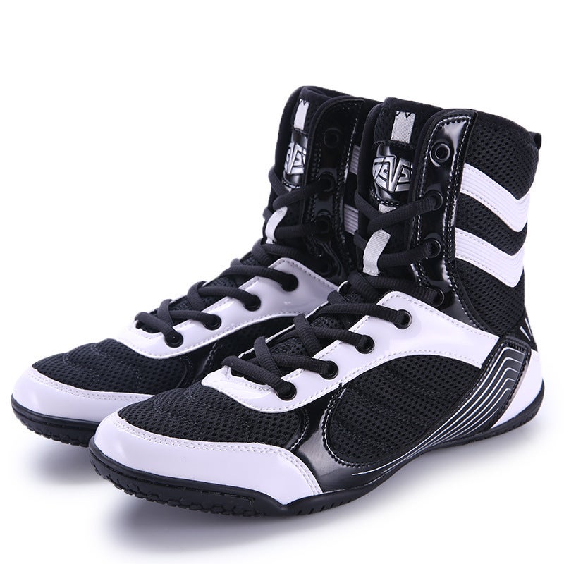 Generic High-top mens and womens boxing shoes non-slip, breathable, wear-resistant, suitable for wrestling, Sanda and other comprehensive training fitness Black/White