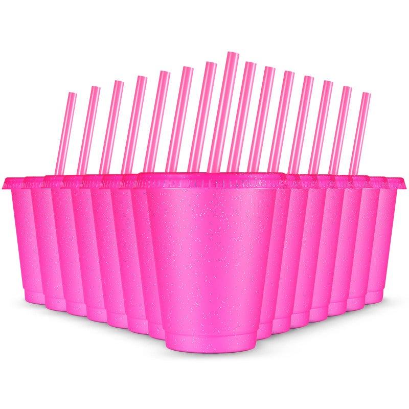 Rtteri 15 Pcs Reusable Cups with Straws and Lids 16 oz Glitter Tumblers Plastic Party Favor Cups with Lids Travel Mug Tumbler for Iced Beverage Water PartiesRose Red