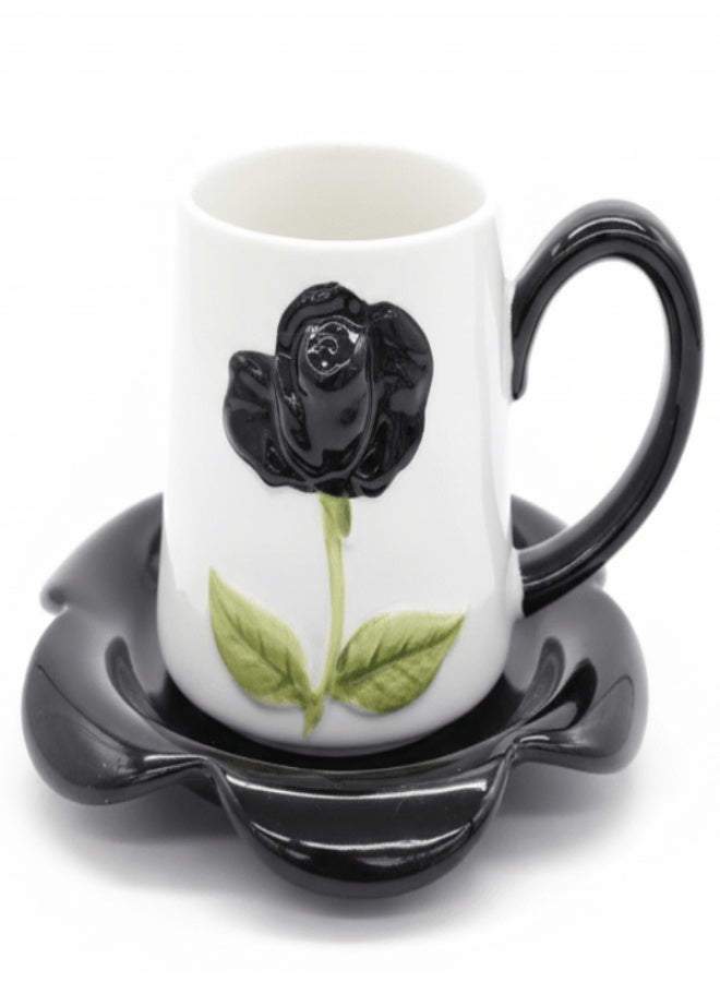 AKDC 380 ml Ceramic Cup and Saucer SetBlack with White Flower Pattern, Coffee & Tea Cup - Image 1