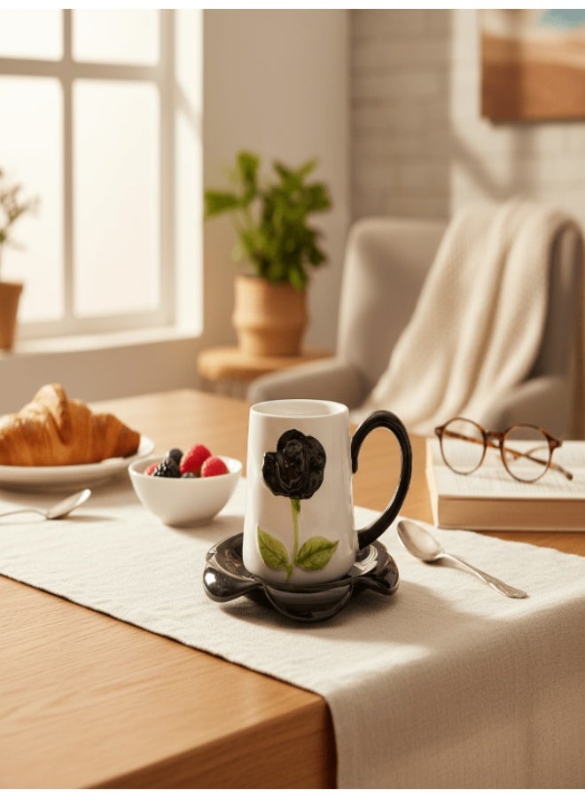 AKDC 380 ml Ceramic Cup and Saucer SetBlack with White Flower Pattern, Coffee & Tea Cup - Image 2