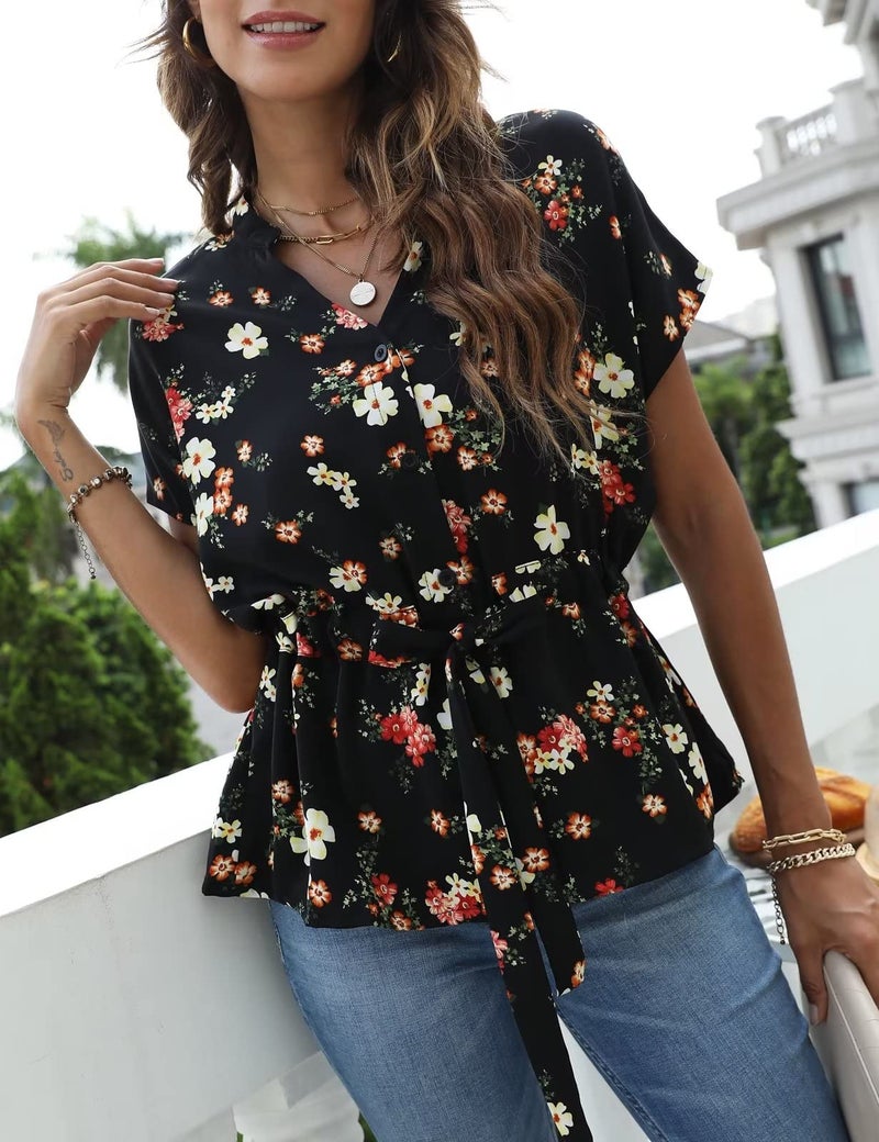 CiCiBird Womens Button Down Blouses Casual Peplum Summer Tops Dressy Chiffon Work Blouse Floral Black - Image 3