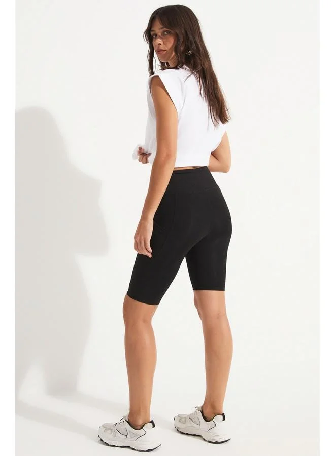 جون June Compact High Waist Pocket Detailed Sports Biker Tight Black