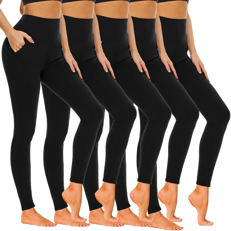 Hi Clasmix 5 Pack Leggings for Women with Pockets Black S-M-High Waisted Tummy Control Soft Casual Workout Black Yoga Pants - Image 1