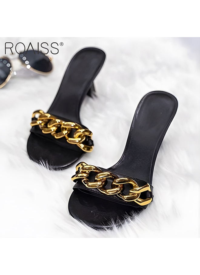 Women's Open-Toe High Heels Slippers Pu Leather One Line Design Round Head Metal Thick Chain Decoration Wearing Slippers With A Thick Heel Of 6Cm - pzsku/Z72054770A447C4E6CFB4Z/45/_/1696662400/7ba42b57-ef0b-4a16-80b9-25e5bef67784