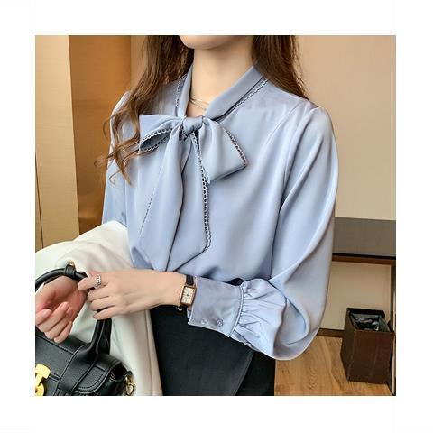 Shirt Womens 2024 Spring and Autumn New Korean Satin Chiffon Shirt Womens Bow Loose Long-sleeved Western Style Shirt Top blue - Image 1