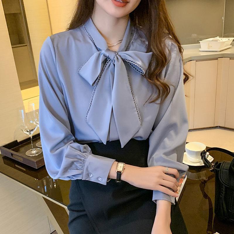 Shirt Womens 2024 Spring and Autumn New Korean Satin Chiffon Shirt Womens Bow Loose Long-sleeved Western Style Shirt Top blue - Image 2