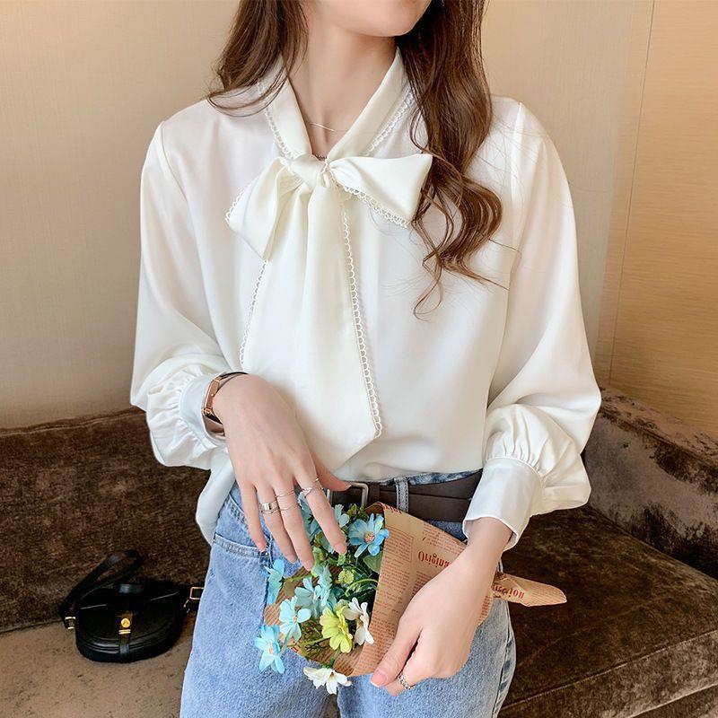 Shirt Womens 2024 Spring and Autumn New Korean Satin Chiffon Shirt Womens Bow Loose Long-sleeved Western Style Shirt Top blue - Image 5