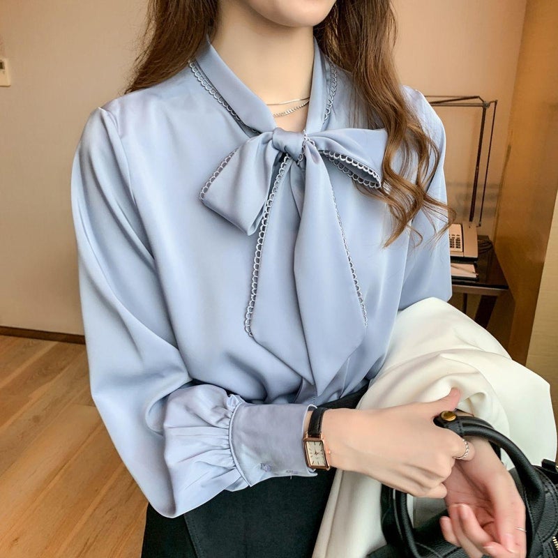 Shirt Womens 2024 Spring and Autumn New Korean Satin Chiffon Shirt Womens Bow Loose Long-sleeved Western Style Shirt Top blue - Image 3