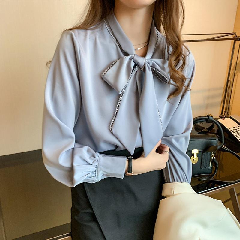 Shirt Womens 2024 Spring and Autumn New Korean Satin Chiffon Shirt Womens Bow Loose Long-sleeved Western Style Shirt Top blue - Image 4
