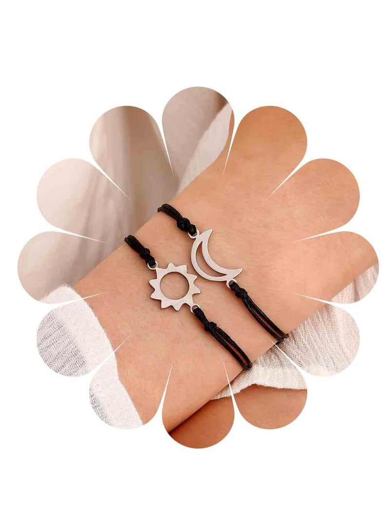 Oasisgalore 2 Pcs Boho Black Layered Leather Bracelets,  Moon Hand Chain for Women - Image 1