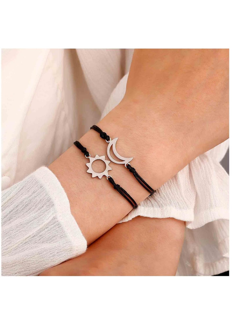 Oasisgalore 2 Pcs Boho Black Layered Leather Bracelets,  Moon Hand Chain for Women - Image 3