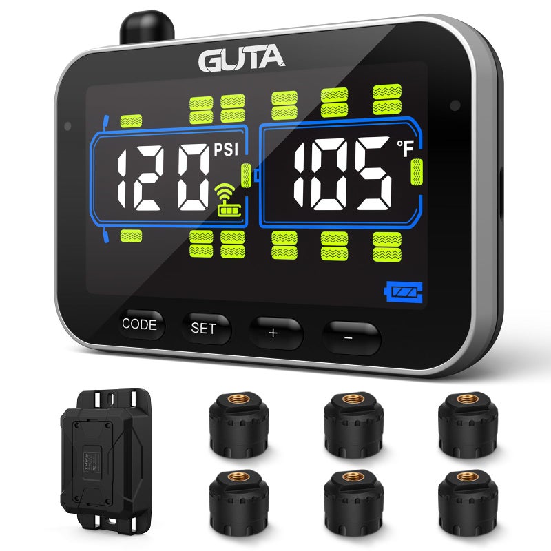 GUTA Trailer Tire Pressure Monitoring System RV Tire Pressure Monitor with 6 Sensors 6 Alert Modes Signal Booster Large Color Display Long Sensing Distance 0188PSI TPMS for RV Trailer Semi