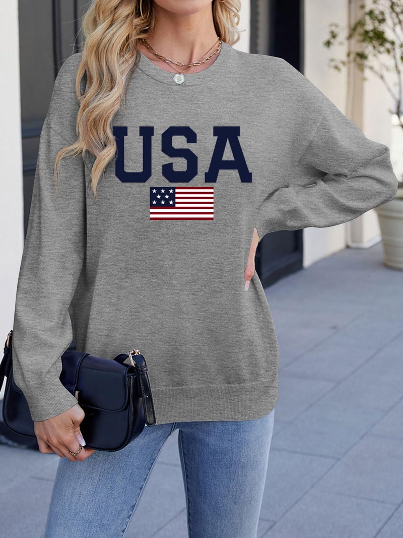 Lacozy Women's American Flag Sweater Long Sleeve Lightweight Crew Neck Pullover Patriotic USA Graphic Sweatshirt Grey M - Image 2