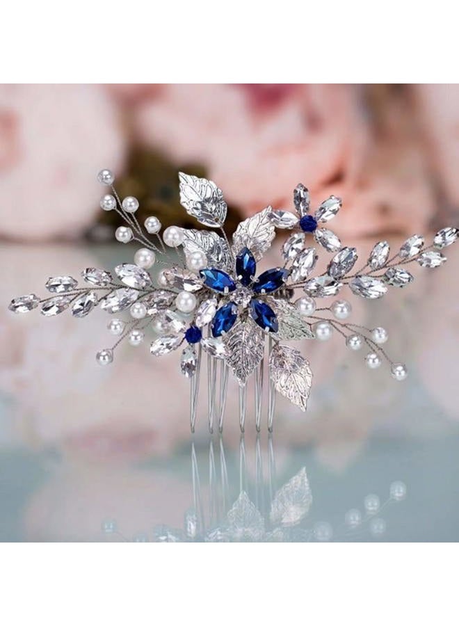Olbye Wedding Hair Comb Blue Rhinestone Bridal Hair Accessories for Bride and Bridesmaids Wedding Hair Piece Silver - Image 1