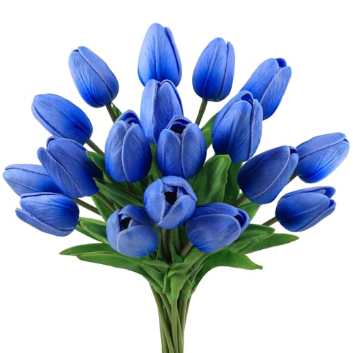 Beferr 18pcs Tulips Artificial Flowers Faux Tulip Real Touch Fake Flowers Bouquets Arrangements for Mothers Day Easter Spring Flowers Gifts Home Table Decor Blue - Image 1