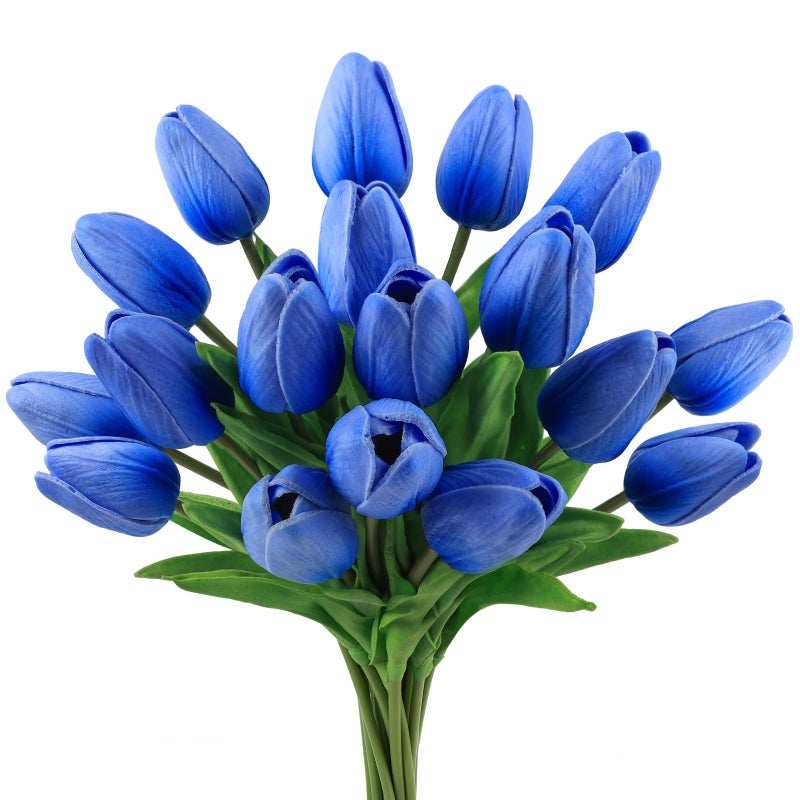 Beferr 18pcs Tulips Artificial Flowers Faux Tulip Real Touch Fake Flowers Bouquets Arrangements for Mothers Day Easter Spring Flowers Gifts Home Table Decor Blue - Image 2