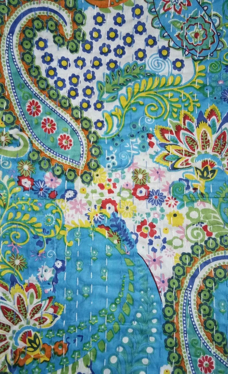 Textile art إبداعات الفن النسيجي إبداعات تقليدية عرقية قنطة هندية أغطية سرير قطنية زمرّديّة فواكه استوائية مخيطة يدويًا غطاء سرير بواسطة إبداعات الفن النسيجي إبداعات 90x108 بوصة - Image 2