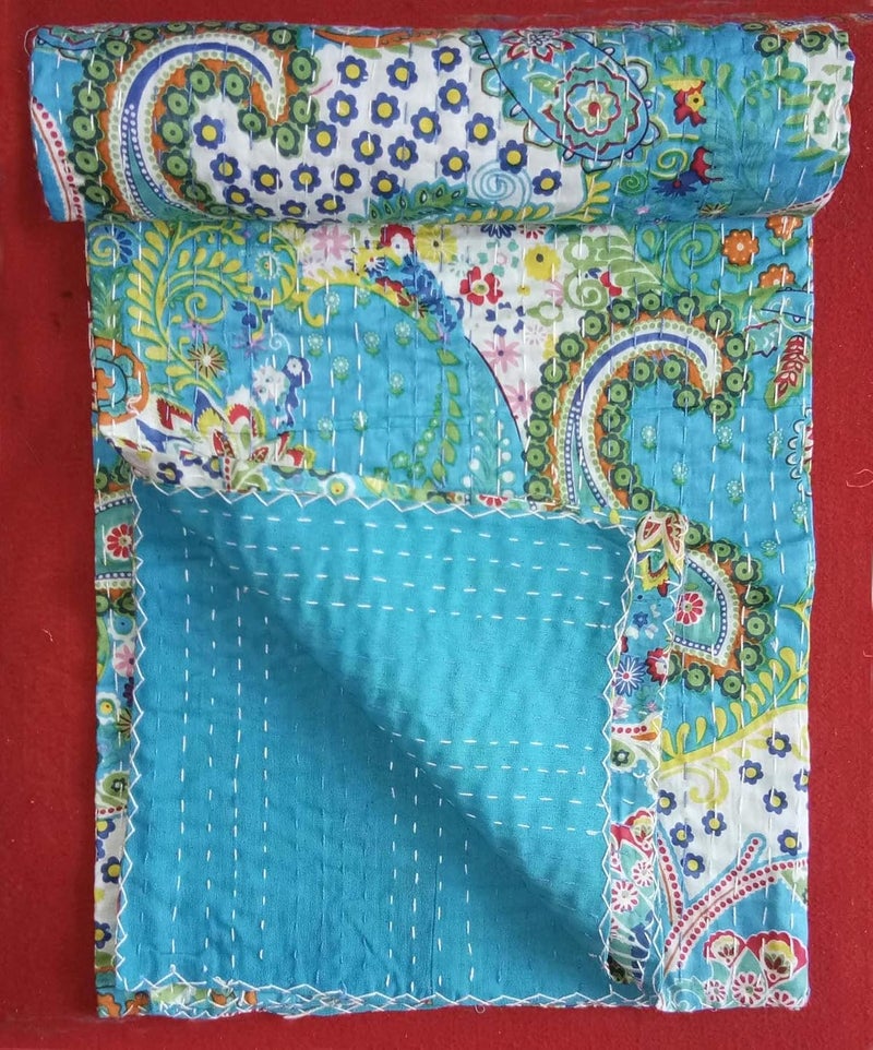 Textile art إبداعات الفن النسيجي إبداعات تقليدية عرقية قنطة هندية أغطية سرير قطنية زمرّديّة فواكه استوائية مخيطة يدويًا غطاء سرير بواسطة إبداعات الفن النسيجي إبداعات 90x108 بوصة - Image 3