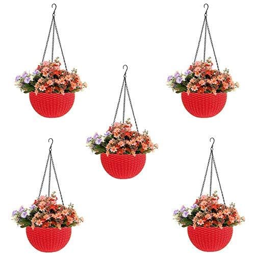 Bianco Round Rattan Woven Hanging Planters with Hanging Chain, Hanging Pots for Plants Balcony (Red, Set of 5, 7.1x4.8 Inch) - Image 2