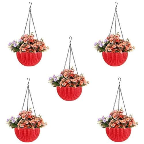 Bianco Round Rattan Woven Hanging Planters with Hanging Chain, Hanging Pots for Plants Balcony (Red, Set of 5, 7.1x4.8 Inch) - Image 1
