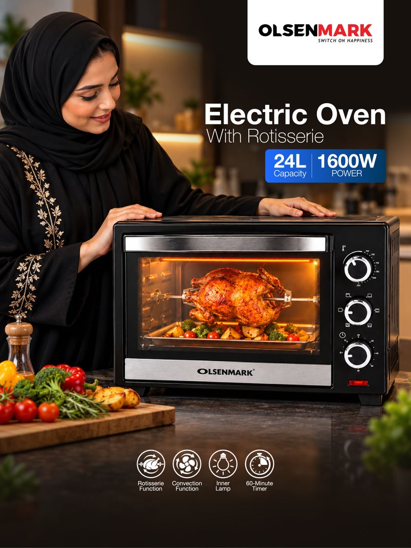 Olsenmark Professional Grade 24L Electric Oven 1600W with Rotisserie, Adjustable Temperature 100–250°C, 6 Heating Levels, 60-Minute Timer with Bell, Stainless Steel Heating Elements, Multifunctional Oven for Grilling, Toasting & Roasting, 2-Year Warranty. 25 L 1600 W OMO2277G Black - Image 1