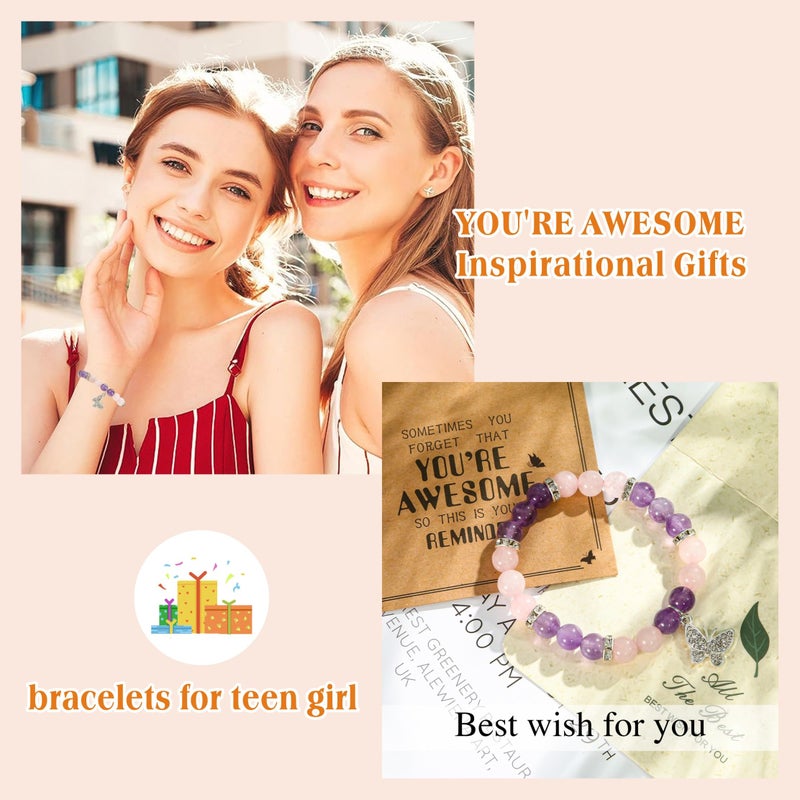 VICKHU Inspirational Gifts for Women Natural Stone Heart Butterfly Bracelet for women Unique Small Gifts for Birthday Mothers day Thanksgiving Christmas Valentine's Day Teacher Appreciation Gifts (Amethyst) - Image 5