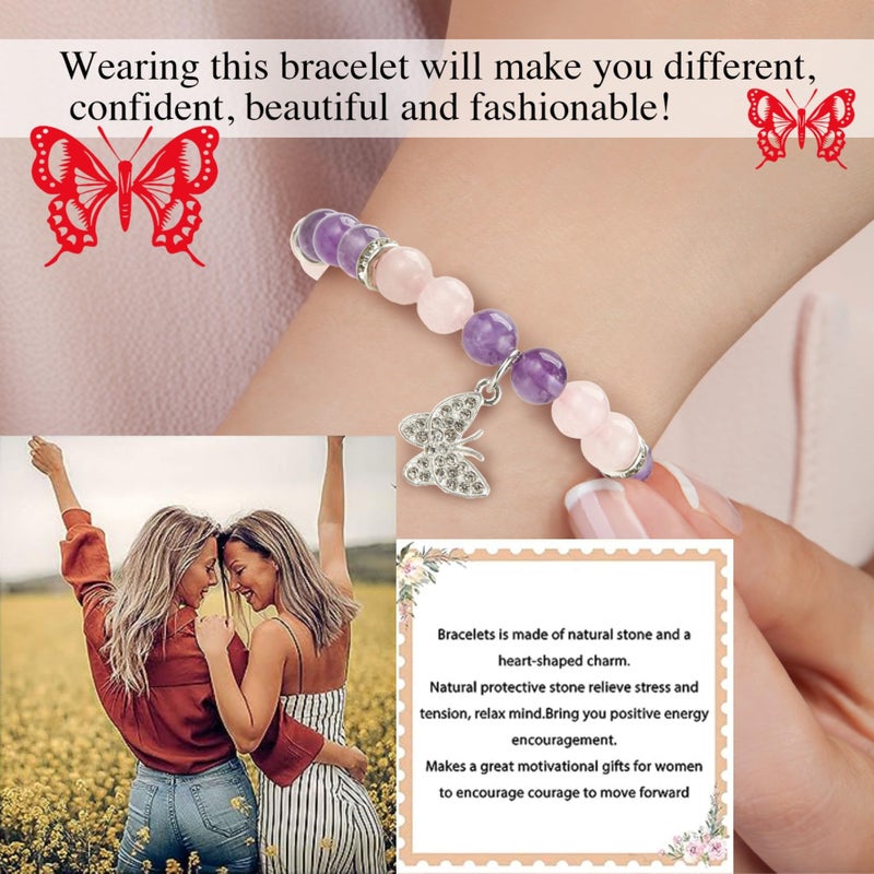VICKHU Inspirational Gifts for Women Natural Stone Heart Butterfly Bracelet for women Unique Small Gifts for Birthday Mothers day Thanksgiving Christmas Valentine's Day Teacher Appreciation Gifts (Amethyst) - Image 3