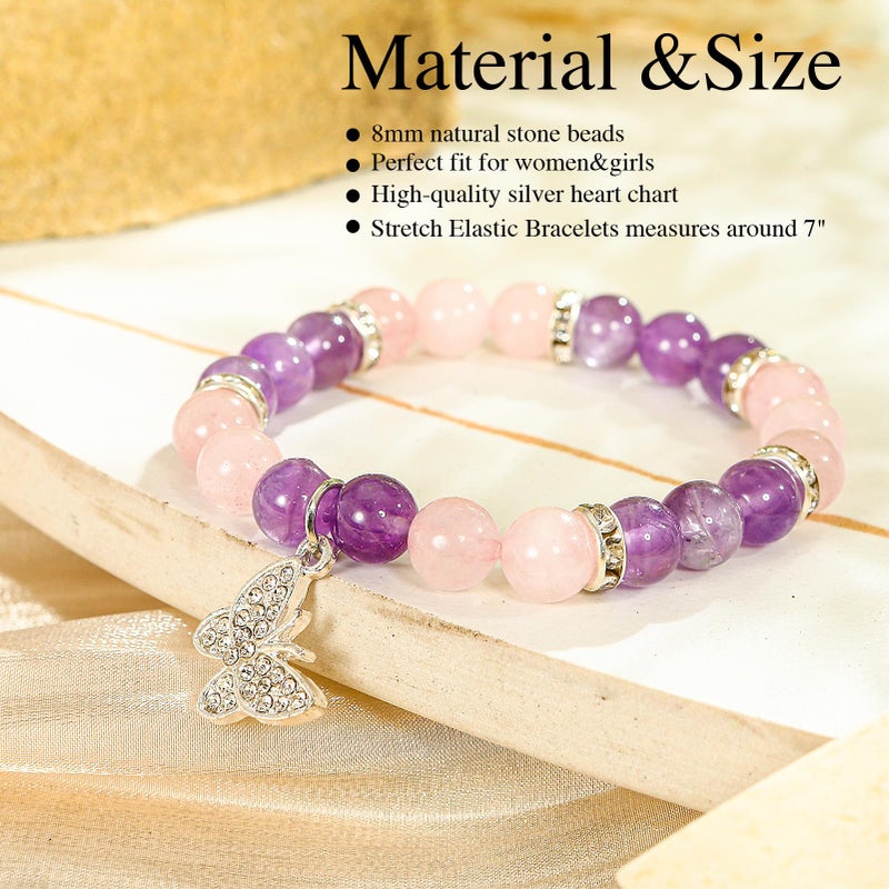 VICKHU Inspirational Gifts for Women Natural Stone Heart Butterfly Bracelet for women Unique Small Gifts for Birthday Mothers day Thanksgiving Christmas Valentine's Day Teacher Appreciation Gifts (Amethyst) - Image 2