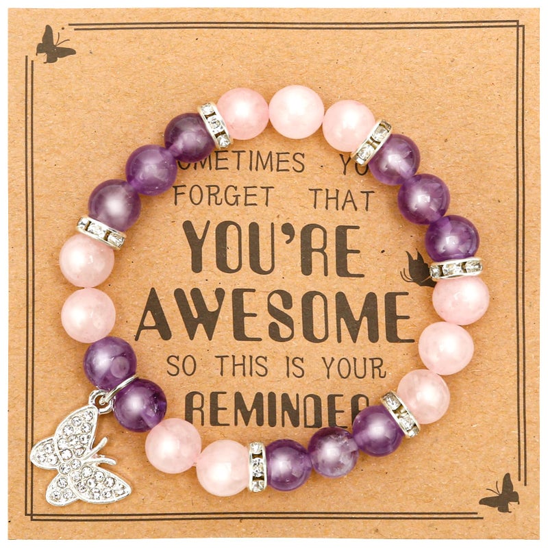 VICKHU Inspirational Gifts for Women Natural Stone Heart Butterfly Bracelet for women Unique Small Gifts for Birthday Mothers day Thanksgiving Christmas Valentine's Day Teacher Appreciation Gifts (Amethyst) - Image 1
