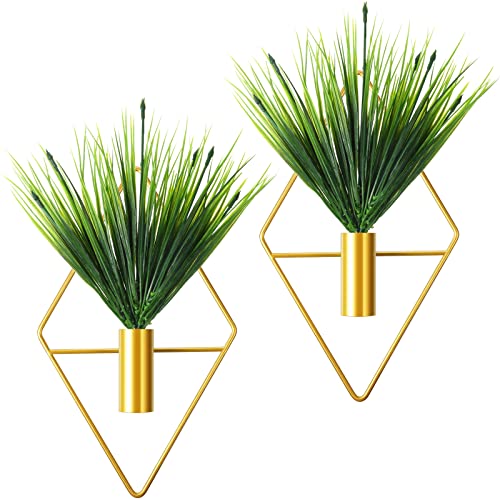 Canlierr 2 Pieces Gold Wall Decor Hanging Planters with Artificial Plants Metal Vase Indoor Plants Holder Modern Geometric Wall Art for Home Bathroom Bedroom Living Room Office(Aquatic Plant,Small) - Image 1