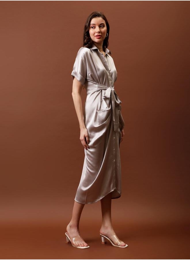 Athena Athena Satin Shirt Midi Dress with Pleated Detail - Image 4