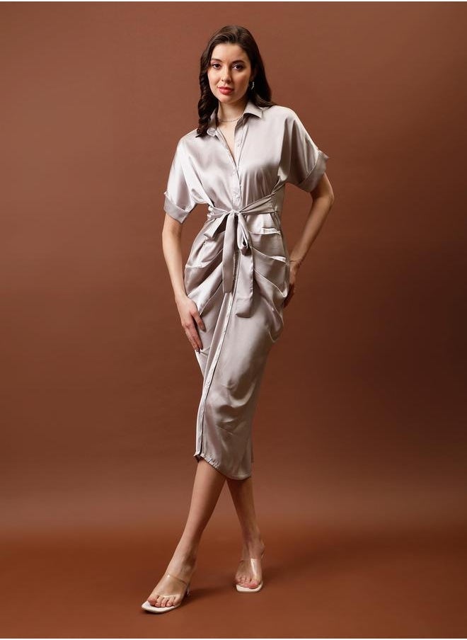 Athena Athena Satin Shirt Midi Dress with Pleated Detail - Image 1