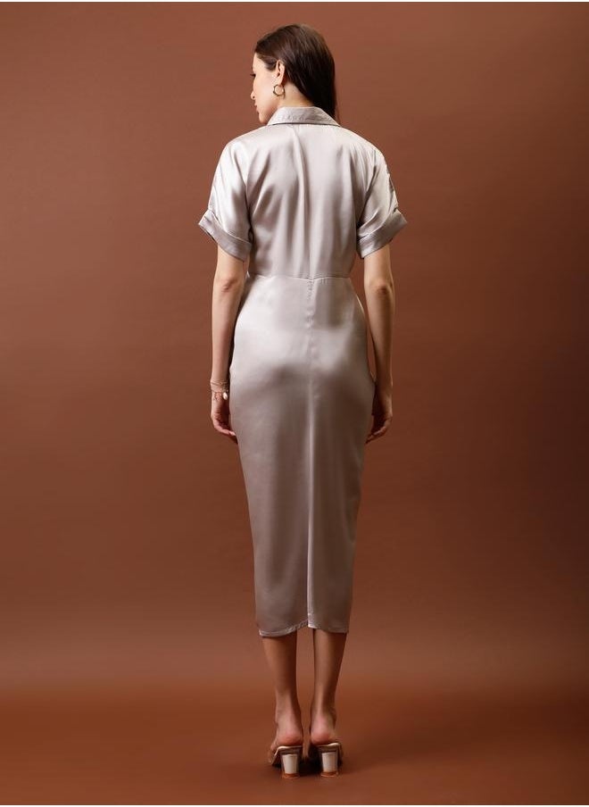 Athena Athena Satin Shirt Midi Dress with Pleated Detail - Image 2