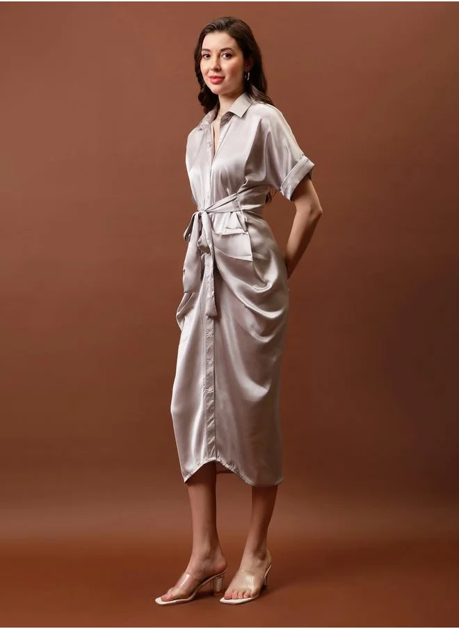 أثينا Satin Shirt Midi Dress with Pleated Detail