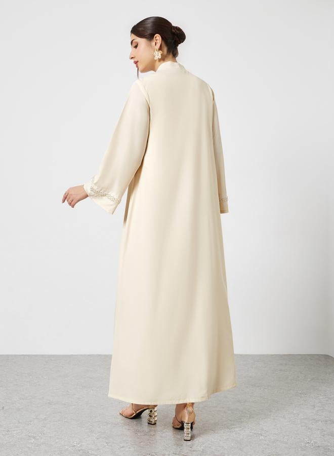 Styli Beige Embellished Open Abaya - Image 5