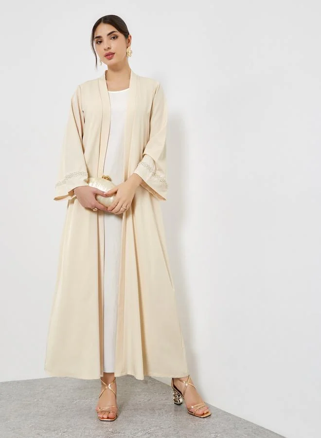 Styli Beige Embellished Open Abaya