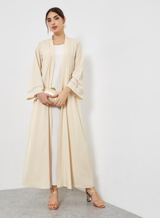 Styli Beige Embellished Open Abaya - Image 1