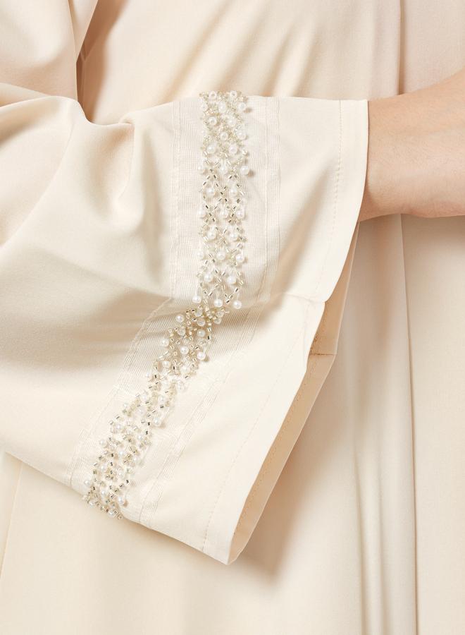 Styli Beige Embellished Open Abaya - Image 4