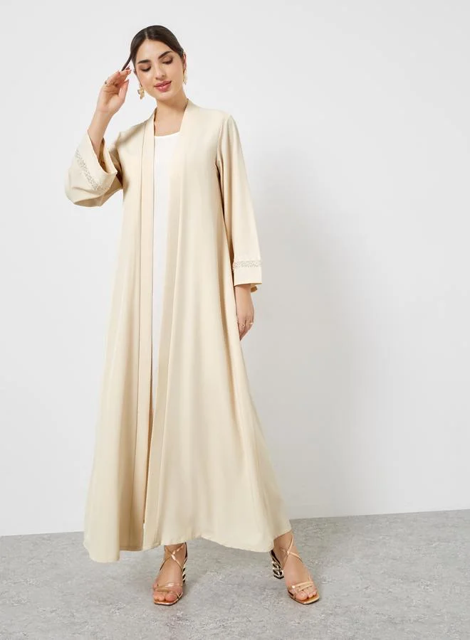 Styli Beige Embellished Open Abaya